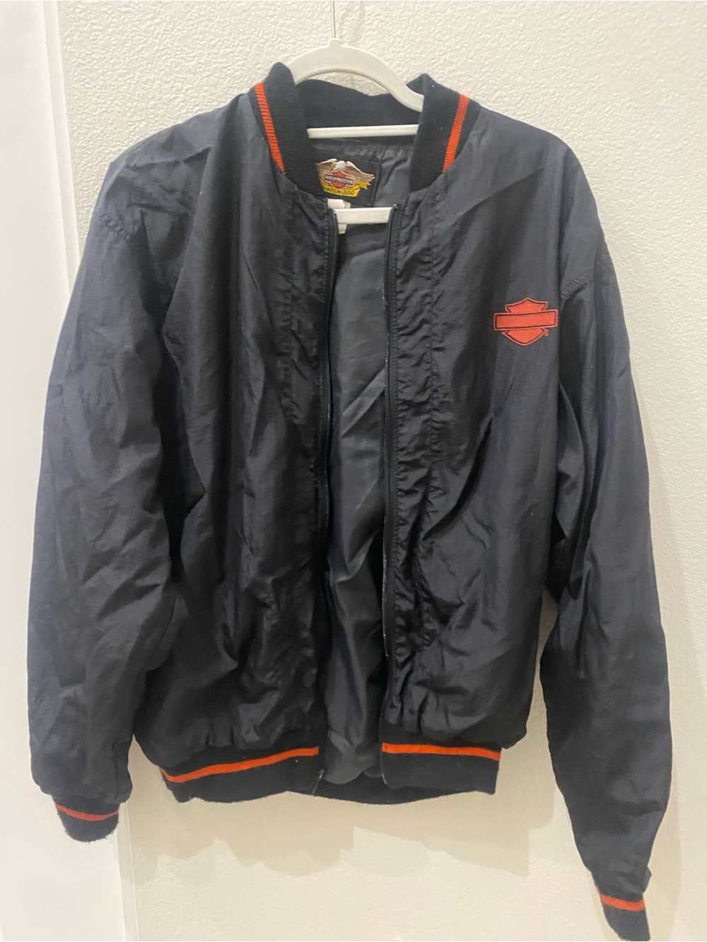 Vintage Harley-Davidson Men's Navy Bomber Jacket with Orange Trim